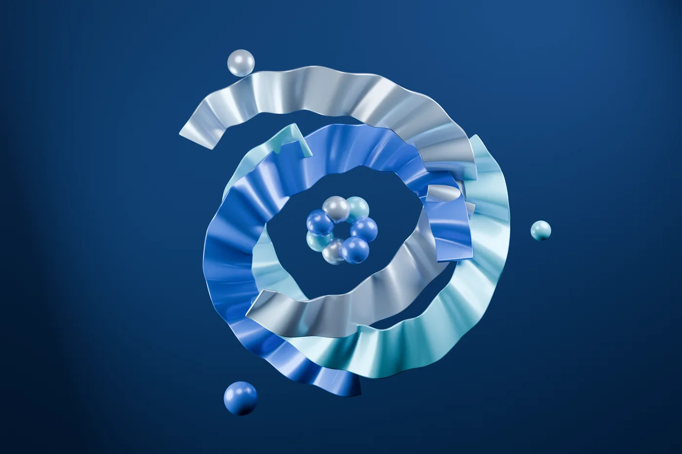 Représentation de particules en orbite autour d'un noyau, sur fond bleu nuit